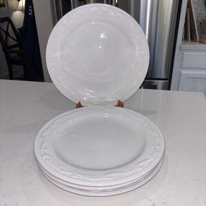 Mesa International White Embossed Dinner Plates with Scroll and Bead Rim, Set of